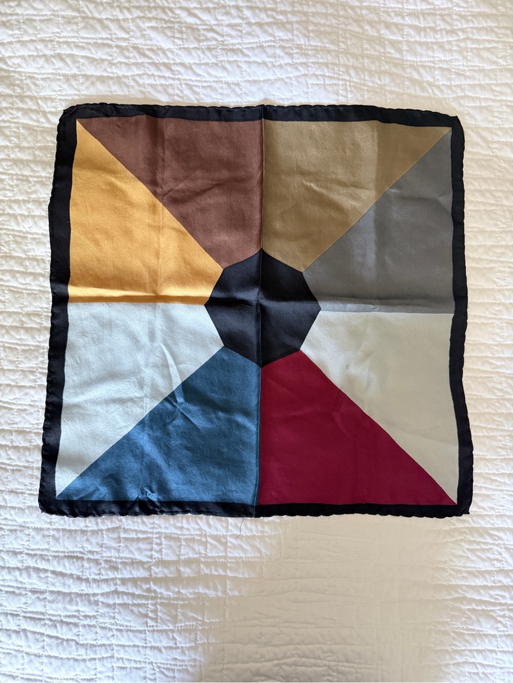 Geometric Colorblock Silk Scarf in Mustard, Brown, Blue, Red and Gray
